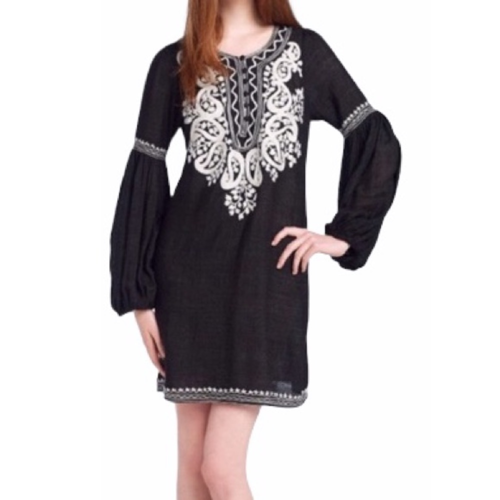 Joie Silk Jaslene Embroidered Bell Sleeve Dress Black